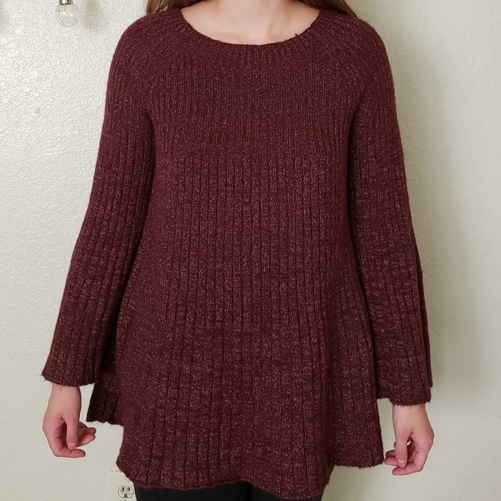 Lauren Conrad Bell Shaped Holiday Sweater With Lace Up Detail Burgundy Maroon